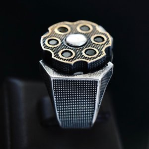 925 Sterling Silver Men's Ring Spinning Revolver Black Diamond Bullets Solid Unique Artisan J...jpeg