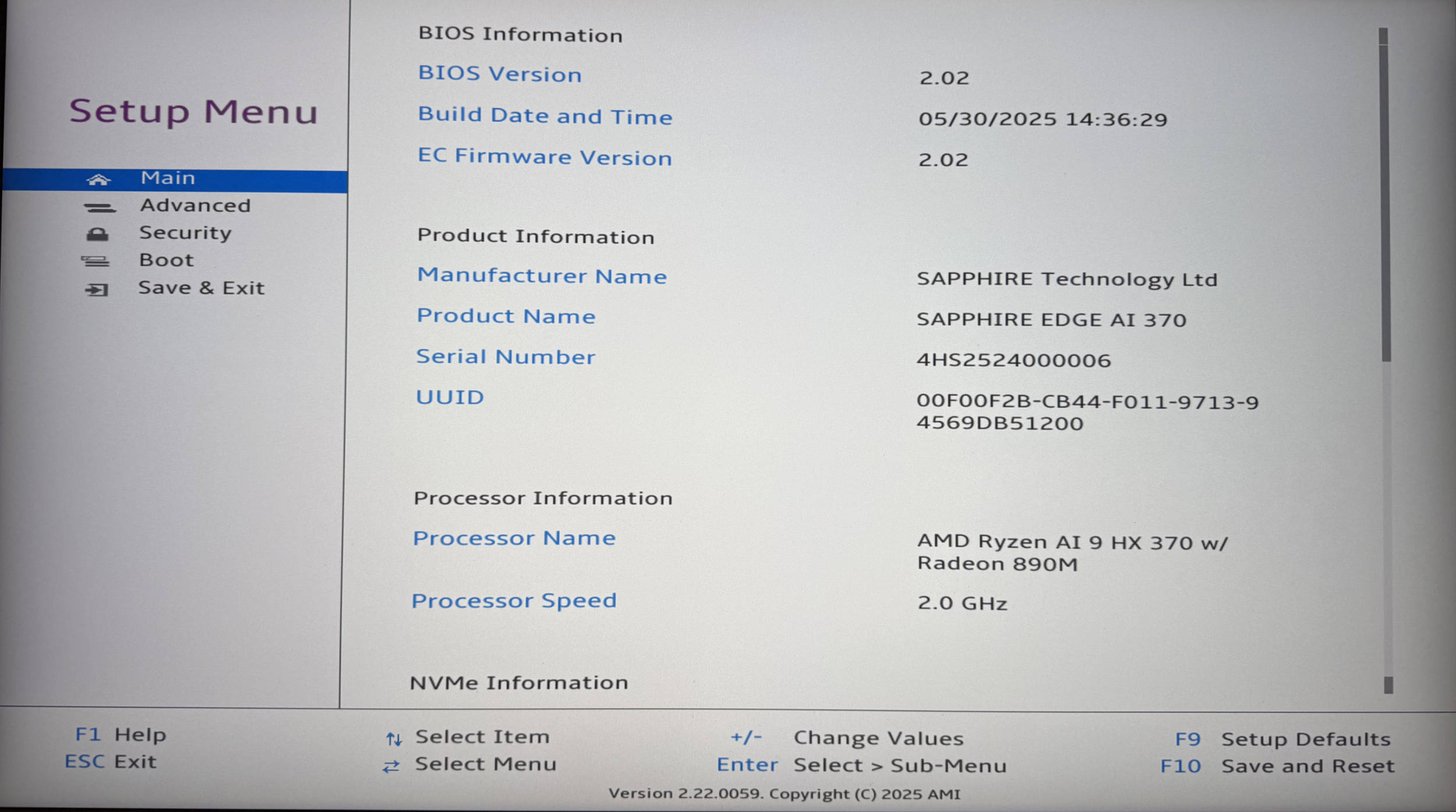 Sapphire EDGE AI BIOS Main Sapphire EDGE AI BIOS Main