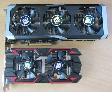 PowerColor R9 390x PCS+ (oben) und R9 285x Turbo Duo (unten) im Längenvergleich