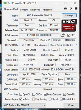 PowerColor Radeon RX 5600 XT ITX GPUz
