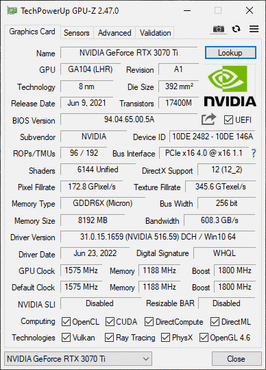 KFA2 GeForce RTX 3070 Ti EX GPUz Spezifikation