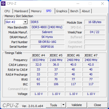  Sabrent ROCKET DDR5-4800 Timings