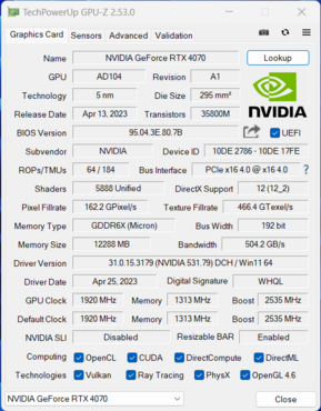 KFA2 GeForce RTX 4070 EX Gamer GPUz