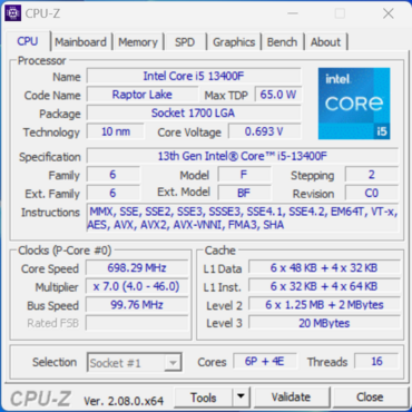 Intel Core i5-13400F CPUZ