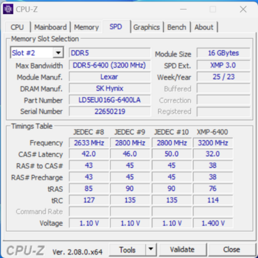 Lexar ARES RGB 32 GB DDR5-6400-Kit CPUz-Timings