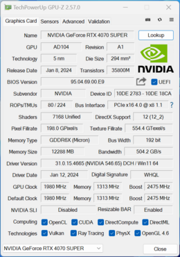 KFA2 GeForce RTX 4070 Super GPUz