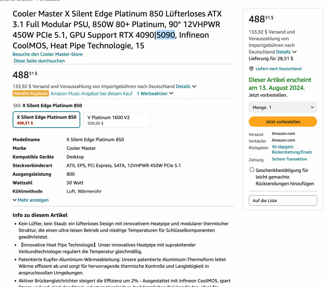 Cooler Master X Silent Edge Netzteillistung auf Amazon   Bild © Amazon