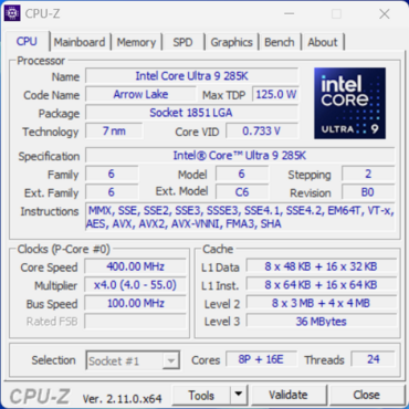 Core Ultra 9 285K CPUz