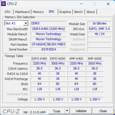 Crucial DDR5 Pro Overclocking 32GB DDR5 6400 CPUz SPD