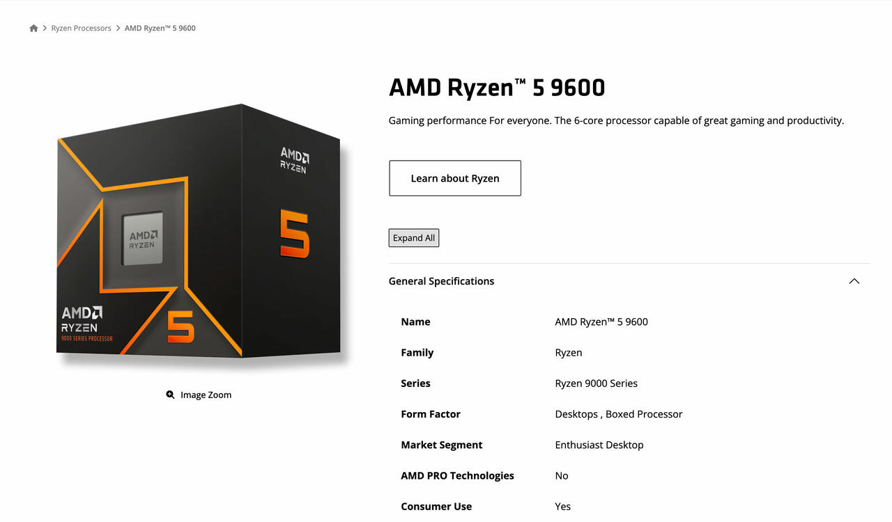 AMD Ryzen 5 9600 Spezifikationen  Bild © AMD