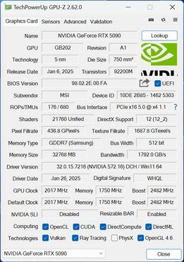 MSI GeForce RTX 5090 Gaming Trio GPU z