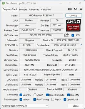 Sapphire Radeon RX 9070 XT GPUz