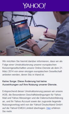 Yahoo: Unternehmen ändert AGB's - wer nicht zustimmt, wird bis zum 21. März gekündigt